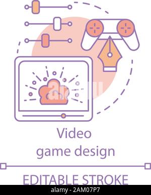 Video game design concept icon. Gamepad screen, controller, sliders. User interface creation. Change settings idea thin line illustration. Vector isol Stock Vector