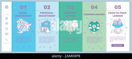 Startup investment onboarding mobile web pages vector template. Business fund. Responsive smartphone website interface idea with linear illustrations. Stock Vector