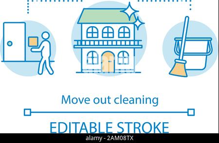 Move out cleaning concept icon. Cleanup services idea thin line illustration. Things packing. Spring clean. Moving to another house. Mopping, wiping. Stock Vector