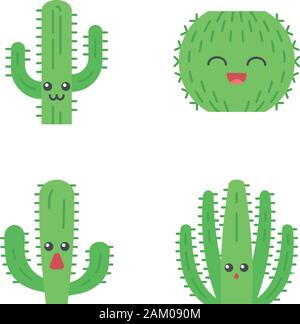 Cactuses flat design long shadow glyph icons set. Plants with smiling ...