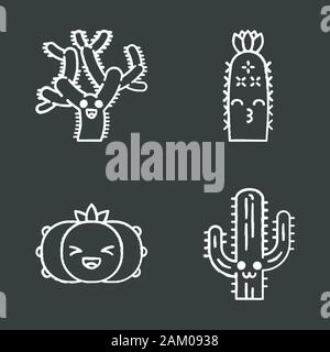 Cactuses chalk icons set. Plants with smiling faces. Laughing peyote cactus, teddy bear cholla. Kissing hedgehog wild cacti. Succulent plants. Isolate Stock Vector