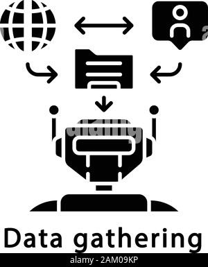 Data gathering glyph icon. Robot sorting and analyzing information. Web statistics extraction. RPA. Artificial intelligence worker. Silhouette symbol. Stock Vector