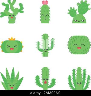 Cactuses flat design long shadow color icons set. Plants with smiling faces. Laughing barrel and peyote cactuses. Kissing hedgehog wild cacti. Succule Stock Vector