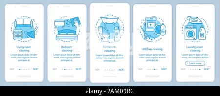 Home cleaning onboarding mobile app page screen, linear concepts. Five walkthrough steps graphic instructions. Living room, bedroom, bathroom cleanup. Stock Vector