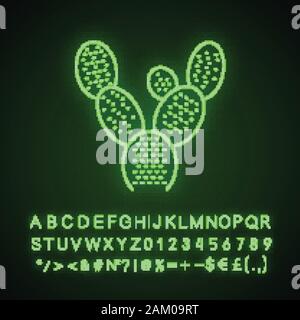 Bunny ears cactus neon light icon. Opuntia microdasys. Prickly pear cactus. Mexican exotic flora. Glowing sign with alphabet, numbers and symbols. Vec Stock Vector