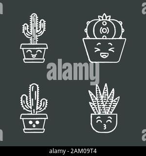 Cactuses chalk icons set. Laughing Saguaro and peyote cactuses. Kissing zebra home cacti. Hushed elephant cactus. Succulent plants. Botanical garden. Stock Vector