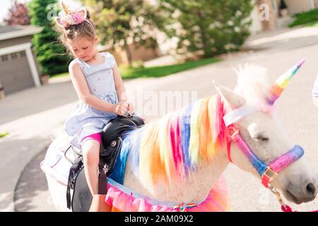 Little girl riding a unicorn at the little girl birthday party. Stock Photo