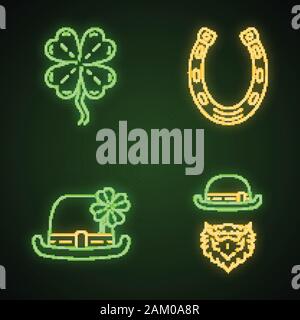 Saint Patrick Day neon light icons set. Feast of St. Patrick. Bowler hat, leprechaun, horseshoe, four leaf clover. Good luck mascots. Glowing signs. V Stock Vector