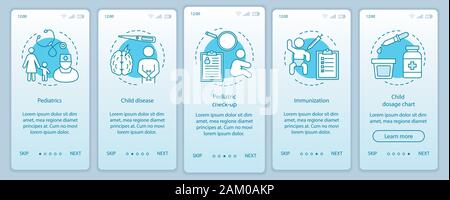 Pediatrics onboarding mobile app page screen vector template. Child disease, check-up, immunization,. Walkthrough website steps with linear illustrati Stock Vector