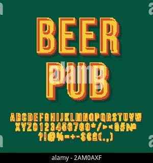 Beer pub vintage 3d vector lettering. Retro bold font. Pop art stylized text. Old school style letters, numbers, symbols pack. 90s poster, banner, sig Stock Vector