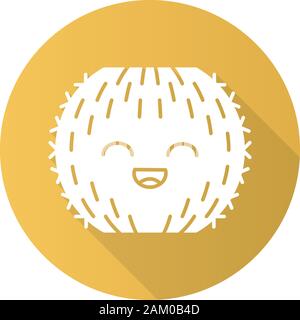 Barrel cactus flat design long shadow glyph icon. Cactus with smiling face. Echinocactus wild cacti. Happy tropical plant with smiling eyes. Succulent Stock Vector