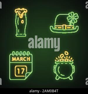 Saint Patrick Day neon light icons set. Feast of St. Patrick. Glass of ale, bowler hat with four leaf clover, March 17 calendar date, pot of gold. Glo Stock Vector