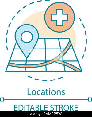 Locations concept icon. Pin point on map. First aid position. Affordable medical care. Health care service navigation idea thin line illustration. Vec Stock Vector