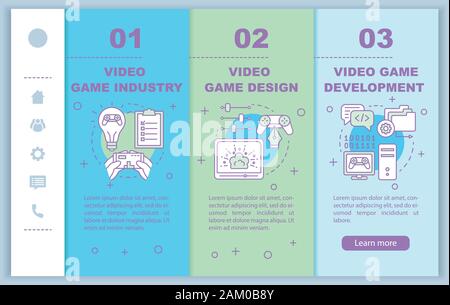 Video game industry onboarding mobile web pages vector template. Responsive smartphone website interface idea with linear illustrations. Webpage walkt Stock Vector