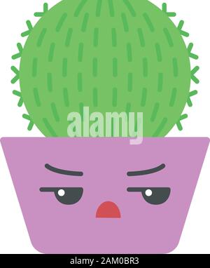 Barrel cactus flat design long shadow color icon. Cactus with angry face. Echinocactus home cacti in pot. Unhappy plant with frowning eyebrows. Housep Stock Vector