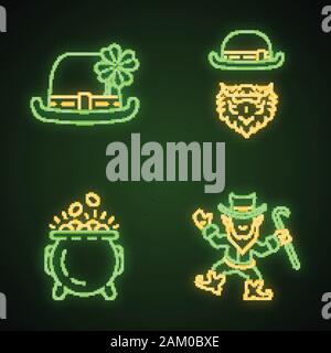 Saint Patrick Day neon light icons set. Feast of St. Patrick. Leprechauns, bowler hat with four leaf clover, pot of gold. Glowing signs. Vector isolat Stock Vector
