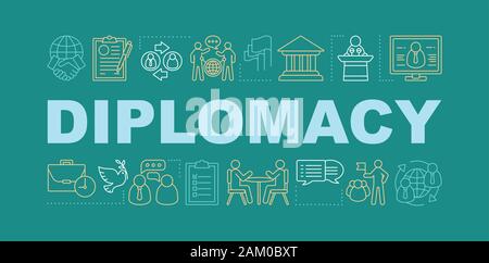 Diplomacy word concepts banner. Communication, public speaking skills. Corporate environment. Isolated lettering typography idea with linear icons. Ne Stock Vector