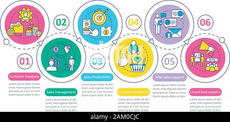 CRM vector infographic template. Customer database. Sales management. Business presentation design elements. Data visualization, six step, option. Pro Stock Vector