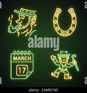 Saint Patrick Day neon light icons set. Feast of St. Patrick. Leprechauns, horseshoe, March 17 calendar date. Glowing signs. Vector isolated illustrat Stock Vector