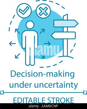 Decision-making under uncertainty concept icon. Ways to solve problem. Man at crossroads. Choosing right path idea thin line illustration. Vector isol Stock Vector