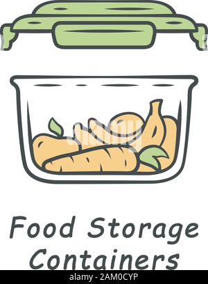 Food storage container color icon. Zero waste swap. Eco friendly, recycle material. Plastic food packaging. Reusable lunch box. Fresh fruits and veget Stock Vector