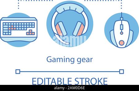 Gaming gear concept icon. E sports accessories. Gamer equipment. Keyboard, headset, gaming mouse. Video game devices idea thin line illustration. Vect Stock Vector