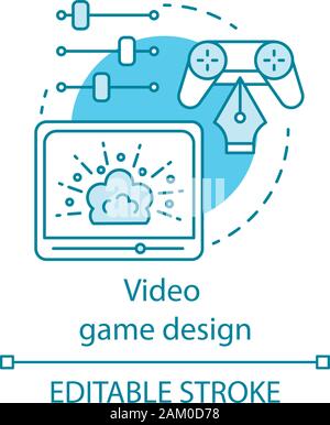 Video game design concept icon. Gamepad screen, controller, sliders. User interface creation. Change settings idea thin line illustration. Vector isol Stock Vector