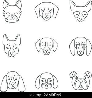Dogs cute kawaii linear characters. Thin line icon set. Unamused Chihuahua. Laughing Shih Tzu. Squinting Labrador. Animals with smiling muzzles. Vecto Stock Vector