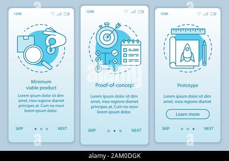 Startup testing onboarding mobile app page screen with linear concepts. Product test. MVP, POC, prototype walkthrough steps graphic instructions. UX, Stock Vector