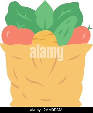 Bag with vegetables flat design long shadow color icon. Organic, vegetarian, healthy food. Natural products. Grocery shop. Eco farming. Environmentall Stock Vector