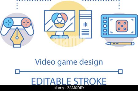 Video game design concept icon. User interface creation. Test themes and genres. Create artistic vision for game idea thin line illustration. Vector i Stock Vector