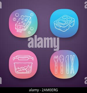 Zero waste swaps handmade app icons set. Eco friendly products. Eco sponges, reusable lunch box, food containers. UI/UX user interface. Web or mobile Stock Vector