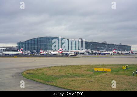 HEATHROW, ENGLAND -2 JAN 2020- View of airplanes from British Airways (BA) at London Heathrow Airport (LHR), the main airport in London. Stock Photo