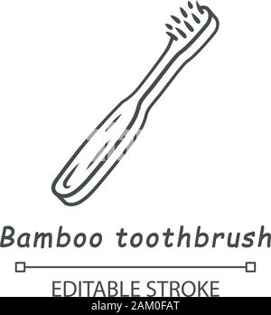 Bamboo toothbrush linear icon. Eco friendly, wooden teeth cleaning tool. Dental care product. Eco brush. Thin line illustration. Contour symbol. Vecto Stock Vector
