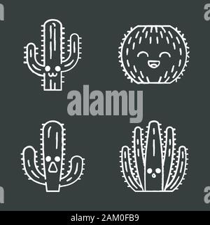 Cactuses chalk icons set. Plants with smiling faces. Laughing barrel cactus. Astonished elephant cactus. Wild cacti. Botanical garden. Succulent plant Stock Vector