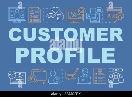 Customer profile word concepts banner. Purchase history.  Presentation, website. CRM software. Client identity. Isolated lettering typography idea wit Stock Vector
