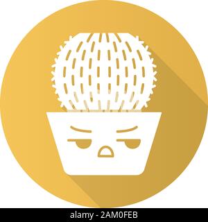 Barrel cactus flat design long shadow glyph icon. Cactus with angry face. Echinocactus home cacti in pot. Unhappy plant with frowning eyebrows. Succul Stock Vector