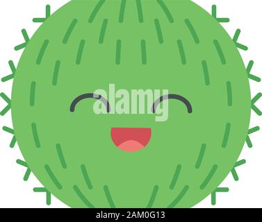 Barrel cactus flat design long shadow color icon. Cactus with smiling face. Echinocactus wild cacti. Happy tropical plant with smiling eyes. Houseplan Stock Vector