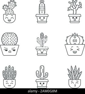 Cactuses cute kawaii linear characters. Plants with smiling faces. Laughing Saguaro and peyote cactus. Home cacti in pots. Thin line icon set. Vector Stock Vector