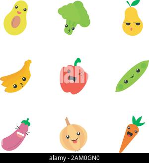 Vegetables and fruits cute kawaii flat design long shadow characters set. Avocado, broccoli, paprika, banana, eggplant with smiling face. Funny emoji, Stock Vector