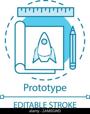 Product prototype concept icon. Startup planning. Prototyping and model making. Drawing album. First version of device idea thin line illustration. Ve Stock Vector