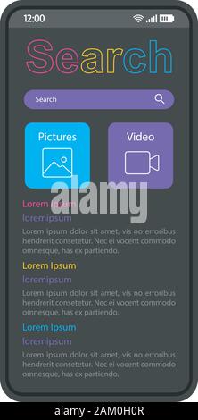 Internet search smartphone interface vector template. Mobile app page black design layout. Online browser, search bar screen. Flat UI for application. Stock Vector