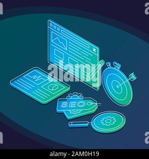 SEO isometric vector illustration. Digital marketing linear icons infographic. Search engine optimization 3d concept. Traffic conversions. Target ads, Stock Vector