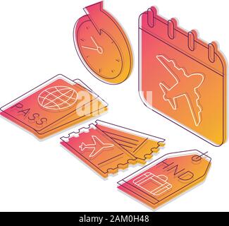 Airport service isometric color vector illustration. Airline linear icons infographic.  Airplane travel, trip 3d concept. Flight ticket, timetable, pa Stock Vector
