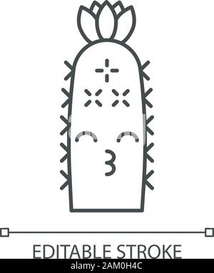 Hedgehog cactus cute kawaii linear character. Cactus with kissing face. Echinopsis with smiling eyes and flower. Wild cacti. Thin line icon. Vector is Stock Vector