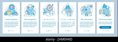 CRM onboarding mobile app page screen with linear concepts. Customer database, sales management and productivity walkthrough steps graphic instruction Stock Vector