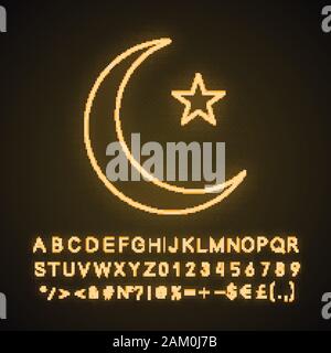 Star and crescent moon neon light icon. Ottoman flag. Ramadan moon. Glowing sign with alphabet, numbers and symbols. Vector isolated illustration Stock Vector
