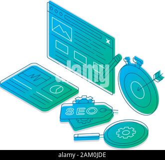 SEO isometric gradient vector illustration. Digital marketing, SMM linear icons infographic. Traffic conversions, lead generation. Target ads, copywri Stock Vector