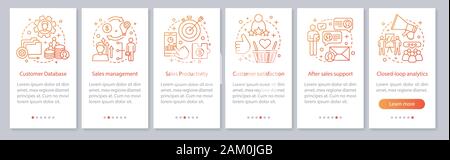 CRM mobile app page screen vector template. Customer database. Sales management and productivity. Walkthrough website steps with linear illustrations. Stock Vector