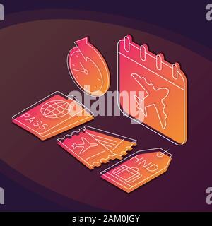 Airport service isometric color vector illustration. Airline company linear icons infographic.  Airplane travel, trip 3d concept. Flight ticket, sched Stock Vector